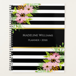 Agenda Oro floral rosado blanco negro rayado 2026