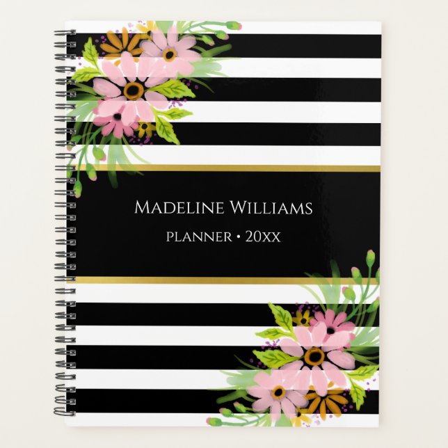 Agenda Oro floral rosado blanco negro rayado 2026 (Anverso)