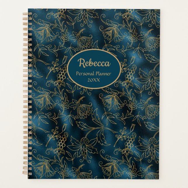 Agenda Oro Moderno Floral Azul Teal Personalizable (Anverso)
