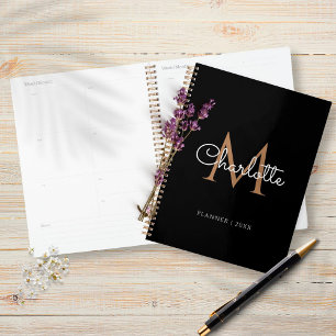 Agenda Oro Negro Monograma Elegante Script Femenino 2023