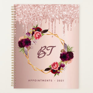 Agenda Oro rosa brillo flores monograma burgundy 2027