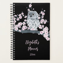 Owl Cherry Blossom Pink Black | Añadir nombre /año