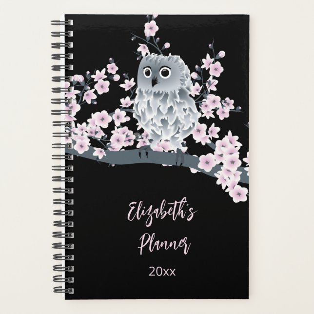 Agenda Owl Cherry Blossom Pink Black | Añadir nombre /año (Anverso)