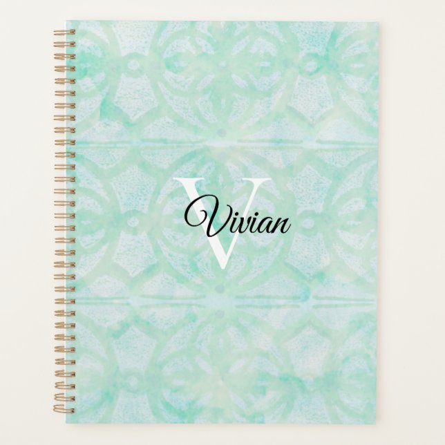 Agenda Pale Jade Green Batik Elegante Monograma Nombre (Anverso)