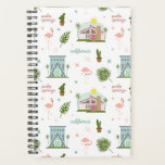 Agenda Palm Springs Cactus Pink House Flamingo<br><div class="desc">patrón con ilustraciones de casa moderna rosa de medio siglo,  casa azul,  hojas de palma,  cactus y flamingo.</div>