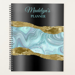 Agenda Papel negro y dorado desgarrado y nasas azul acuar