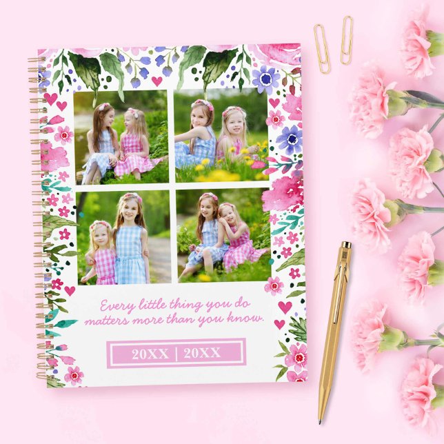 Agenda Para Mamá 4 Collages de fotos Flores de acuarela (For Mom 4 Photo Collage Watercolor Florals Planner)