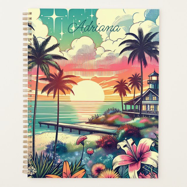 Agenda Paraíso rosa y turquesa | Arte de playa (Anverso)