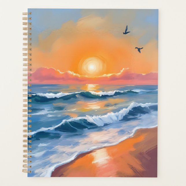 Agenda Pastel Ocean Sunset Watercolor Beach Painting (Anverso)