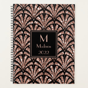 Agenda Patrón Art Deco de Monograma con Brillo de Oro Ros