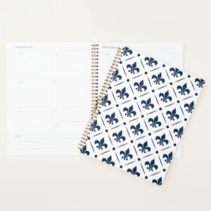Agenda Patrón azul oscuro Fleur De Lis sobre fondo blanco
