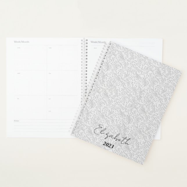 Agenda Patrón blanco elegante personalizado, año personal (Demostración)