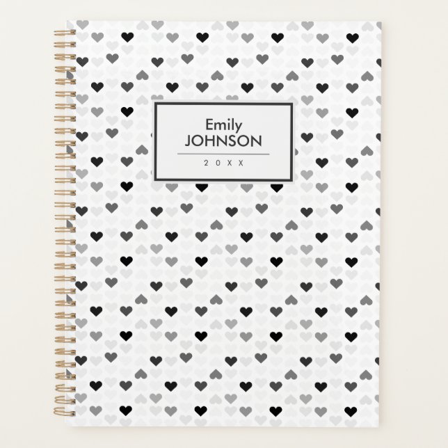 Agenda Patrón de corazón blanco negro gris  (Anverso)