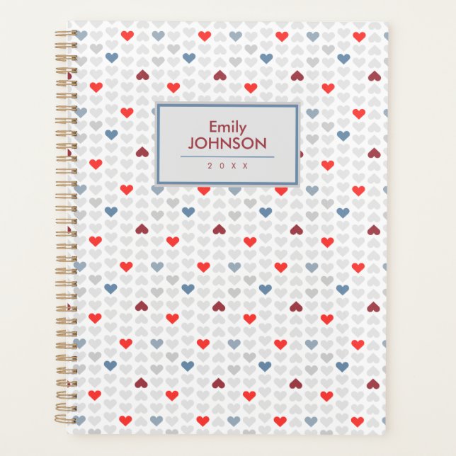 Agenda Patrón de corazón rojo azul gris  (Anverso)