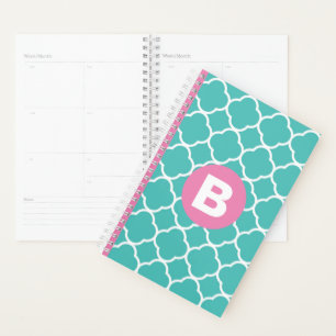 Agenda Patrón de Cuatrefoil Teal con Monograma Rosa Perso