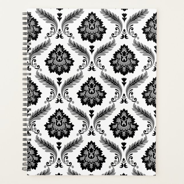 Agenda Patrón de damasco rococó gris negro blanco (Anverso)