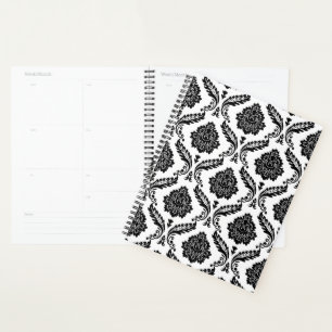Agenda Patrón de damasco rococó negro sobre blanco
