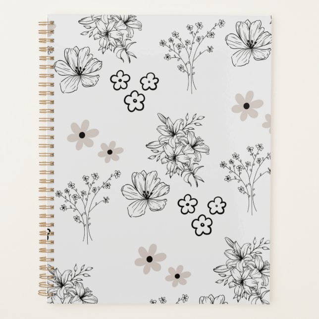 Agenda Patrón de flor hippie Y2K de Retro negro gris (Anverso)