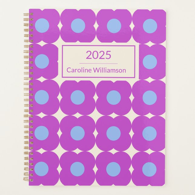 Agenda Patrón de flor retro Purple Mid Mod personalizado (Anverso)