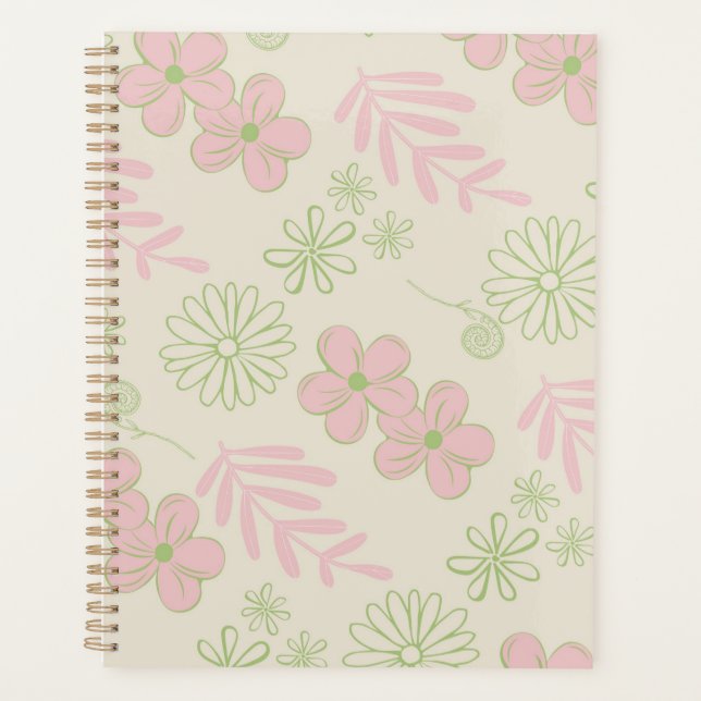 Agenda Patrón de flor verde rosado retro Y2K 70 (Anverso)