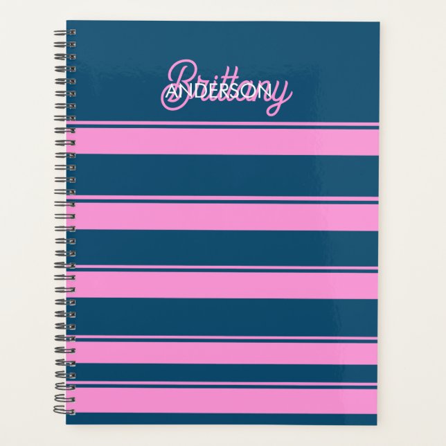 Agenda Patrón de franjas azul y rosa personalizado (Anverso)