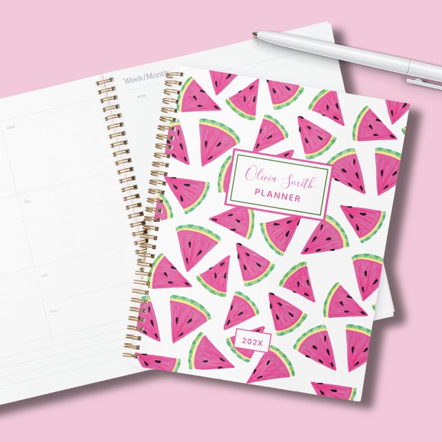 Agenda Patrón de fruta de verano de la sandía (Pink watermelon tropical fruit planner with custom text. Perfect for back to school or home office.)