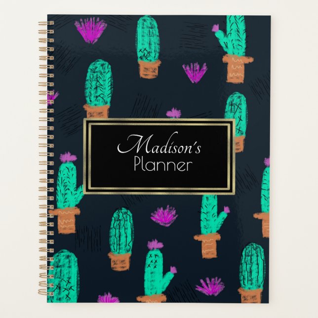 Agenda Patrón de garabatos de cactus monogramado (Anverso)