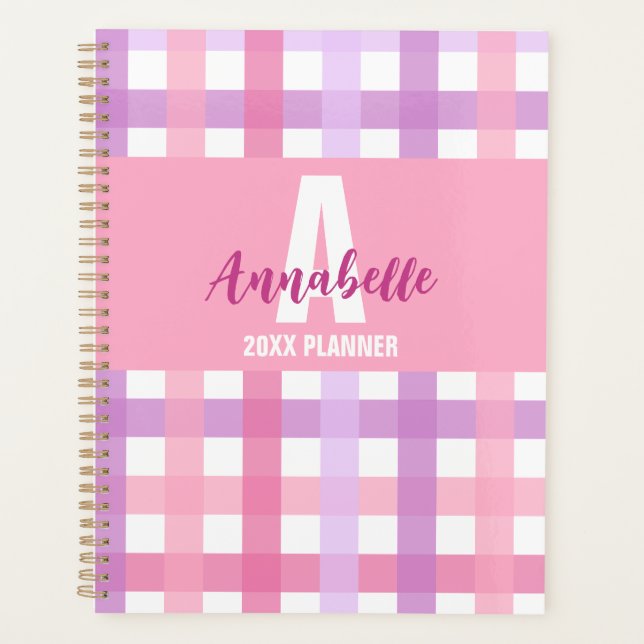 Agenda Patrón de Gingham de Monograma Púrpura Pink (Anverso)
