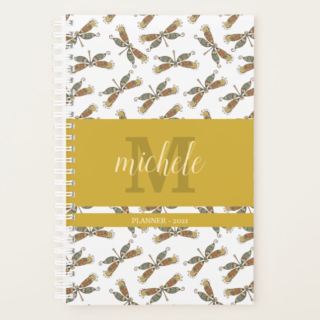 Agenda Patrón de libélula elegante monogramado (Anverso)