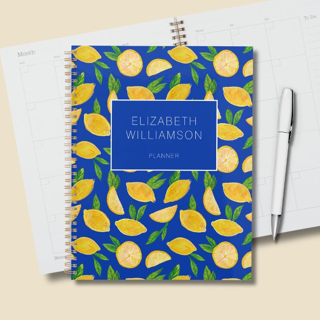 Agenda Patrón de limón de cítricos de verano (Citrus lemon personalized blue planner)