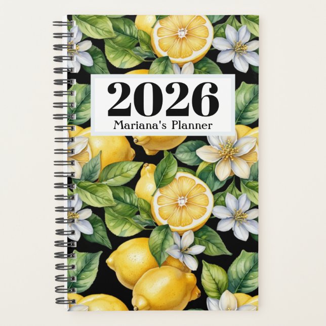 Agenda patrón de limones con flores acuarela 2026 (Anverso)