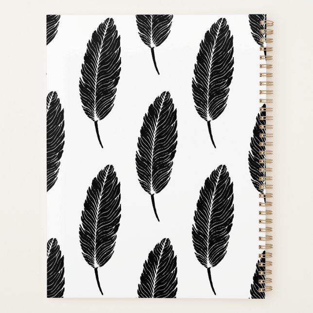 Agenda Patrón de Linocut de plumas rusas en blanco y negr (Reverso)