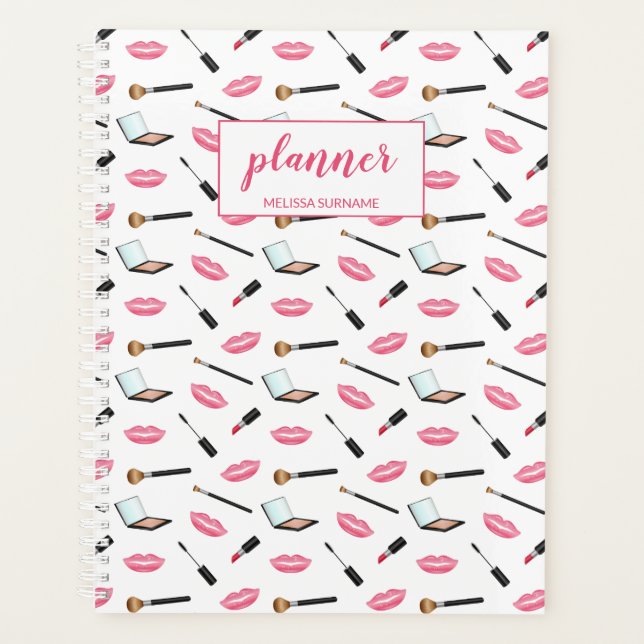 Agenda Patrón de maquillaje y labios rosados Nombre perso (Anverso)