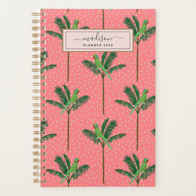 Agenda Patrón de pájaro de palmera tropical rosa personal (Anverso)