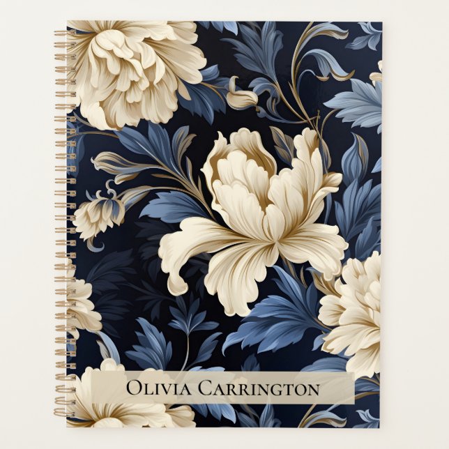 Agenda Patrón de peonía floral crema azul personalizado (Anverso)