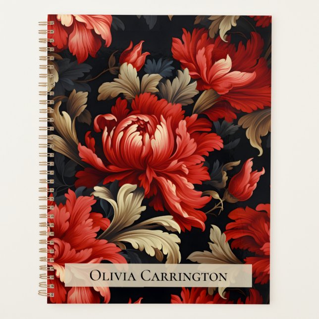 Agenda Patrón de peonía floral roja personalizado (Anverso)