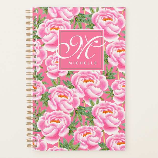 Agenda Patrón de Peonies Elegantes - Rosa Caliente, Monog (Anverso)