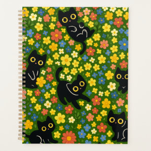 Agenda Patrón de prado floral con gatos negros lindos
