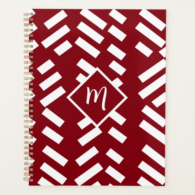 Agenda Patrón diagonal tachado rojo Minimalista, monogram (Anverso)