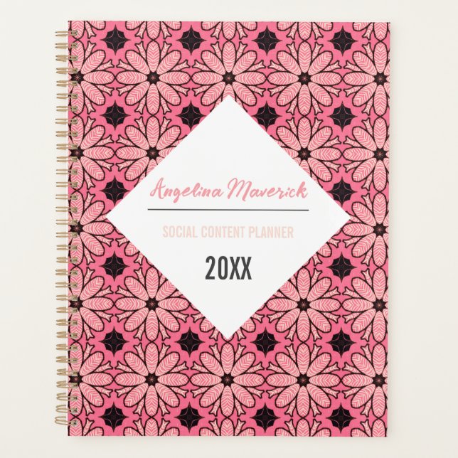 Agenda Patrón elegante de flores rosadas y negras (Anverso)