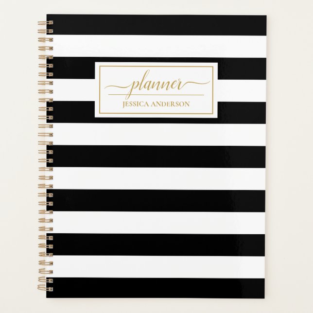 Agenda Patrón elegante de franjas blancas negras (Anverso)