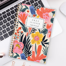 Agenda Patrón floral amarillo rosa negrita personalizado
