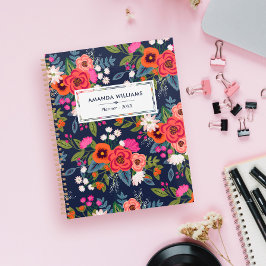 Agenda Patrón floral Boho - Azul marino y coral - Nombre