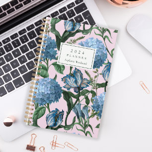 Agenda Patrón floral de acuarela Monograma azul rosa 2024