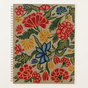 Agenda Patrón Floral de Crewel Rojo y Dorado Vintage