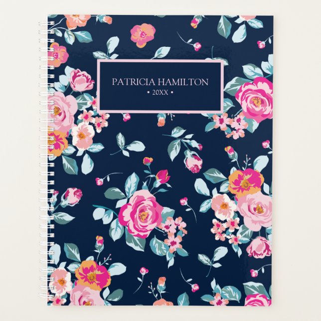 Agenda Patrón floral de rosas rosadas vibrantes (Anverso)