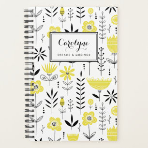 Agenda Patrón floral escandinavo negro y amarillo