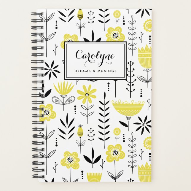 Agenda Patrón floral escandinavo negro y amarillo (Anverso)