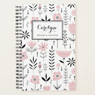 Agenda Patrón floral escandinavo negro y rosa