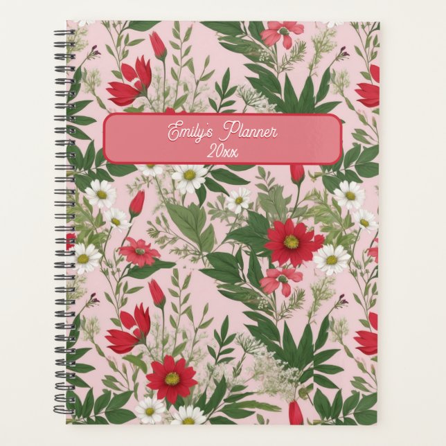 Agenda Patrón floral Flores silvestres Hojas rosadas y bl (Anverso)